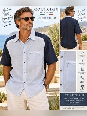 CORTIGIANI MEN’S LINEN COLOR BLOCK SHIRT